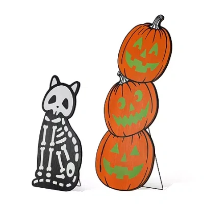 Glitzhome 36"h Halloween Wood Skeleton Cat And Stacked Pumpkin Halloween Porch Sign In Multi