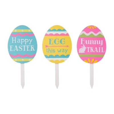 Glitzhome 3pk 15" Wooden Egg Yard Stake Easter Yard Art In Blue