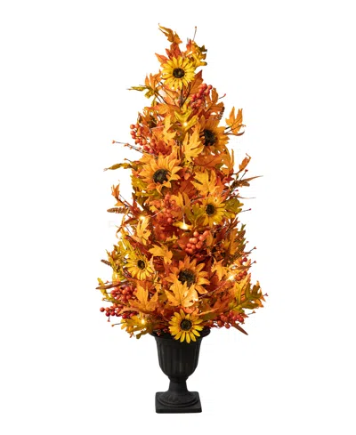 Glitzhome 48"h Fall Lighted Maple Leaf And Sunflower Urn Porch Tree With Timer In Multi
