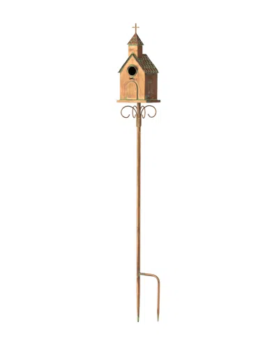 Glitzhome 53"h Farmhouse Faux Copper Distressed Metal Church Outdoor Decorative Garden Birdhouse With Stake In Brown