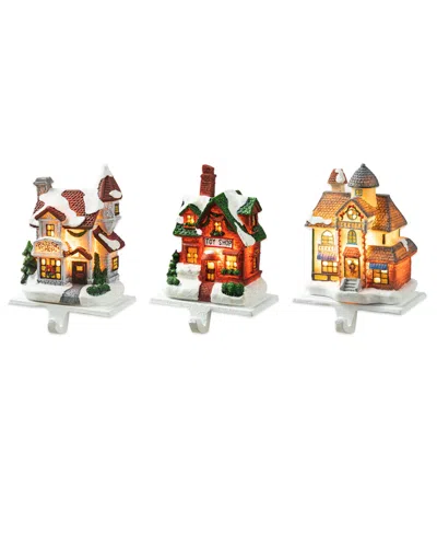 Glitzhome 6" H Set Of 3 Lighted Resin House Stocking Holder In Multi