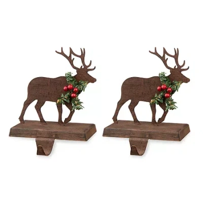 Glitzhome 6.5" Reindeer Christmas Stocking Holder - Set Of 2 In Brown