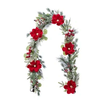Glitzhome 6ft Christmas Red Mangnolia & Berry Garland Floral Arrangement In Multi