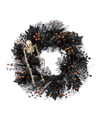 Glitzhome 7" Halloween Black Rose, Skeleton And Berry Wreath Hanger