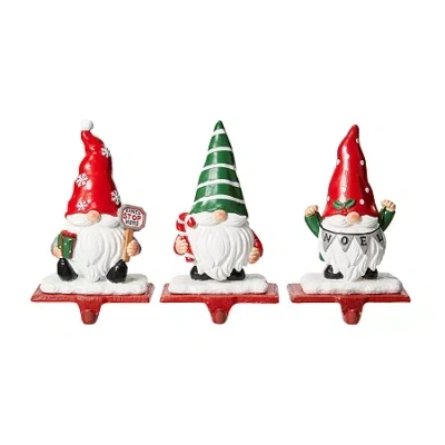 Glitzhome 7.5" Resin Gnomes Christmas Stocking Holder - Set Of 3 In Red