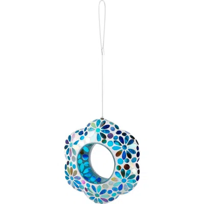 Glitzhome 8.5"d Glass Flower Shaped Hanging Mosaic Birdfeeder In Blue