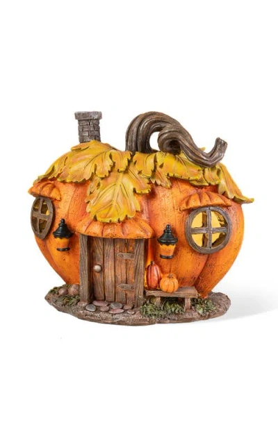 Glitzhome 8.5"l Fall Lighted Resin Pumpkin House Table Decor With Timer In Brown
