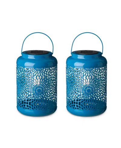 Glitzhome 8.75" H Metal Cutout Solar Powered Outdoor Hanging Lantern With Edison Bulb, Set Of 2 In Blue
