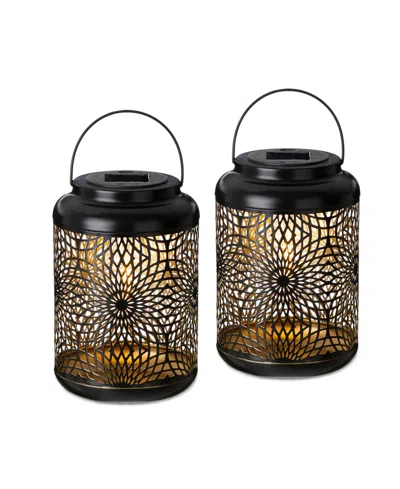 Glitzhome 8.75" H Metal Cutout Solar Powered Outdoor Hanging Lantern With Edison Bulb, Set Of 2 Dnu In Black
