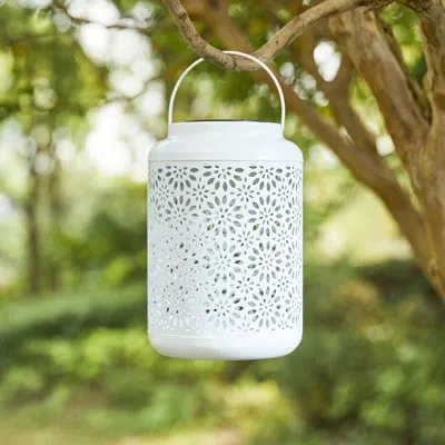 Glitzhome 8.75" H Metal Wire Solar Powered Outdoor Hanging Lantern In White