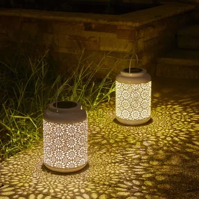 Glitzhome 8.75" H Metal Wire Solar Powered Outdoor Hanging Lantern(set Of 2) In White