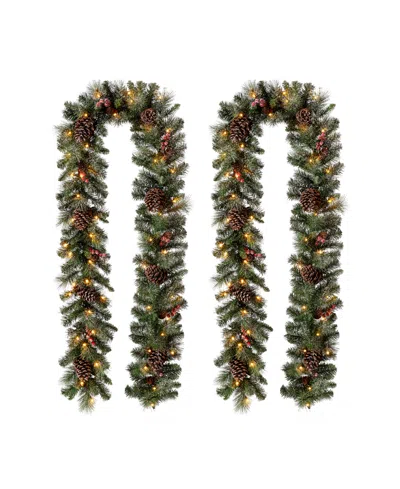 Glitzhome 9' Pre-lit Glittered Pine Cone Christmas Garland With Warm Led Lights, 2 Pack In Green