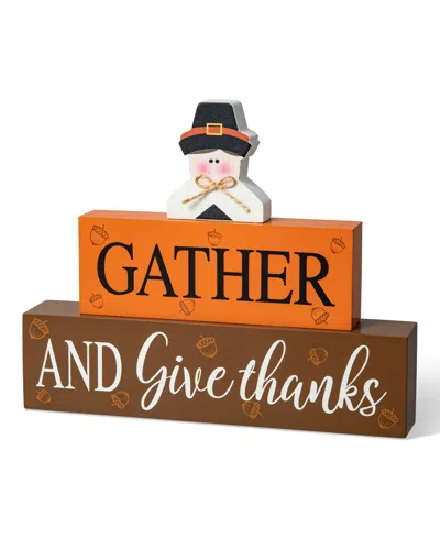 Glitzhome 9.5" L Thanksgiving Wooden Pilgrim Table Block Sign In Multi