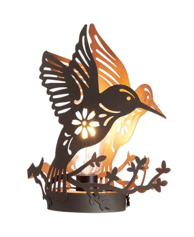 Glitzhome 9.75" H Black And Gold-tone Metal Cutout Flying Hummingbird Silhouette Solar Powered Edison Bulb Out In Multi