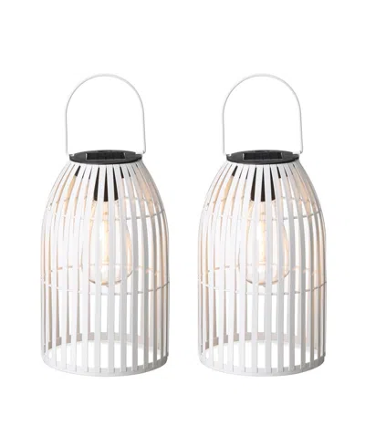 Glitzhome 9.75" H Set Of 2 Metal Stripes Solar Powered Edison Bulb Outdoor Hanging Lantern In White