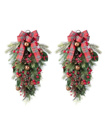 Glitzhome Christmas Bell, Pinecone And Berry Bow Teardrops, Set Of 2 In Multi