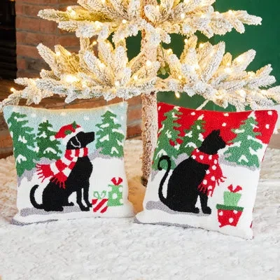 Glitzhome Christmas Dog And Cat Square Pillow Cover & Insert In White;green;red