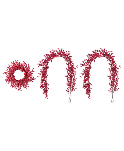 Glitzhome Christmas Red Berries Garland And Matched Wreaths, Set Of 3 In Multi