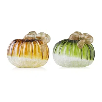 Glitzhome Crackle Glass Pumpkin 2-pc. Thanksgiving Tabletop Decor In Orange