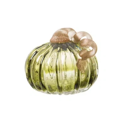 Glitzhome Crackle Glass Short Pumpkin Thanksgiving Tabletop Decor In Green