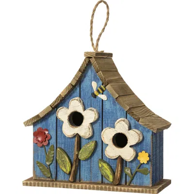 Glitzhome Distressed Solid Wood Birdhouse With 3d Flowers In Blue