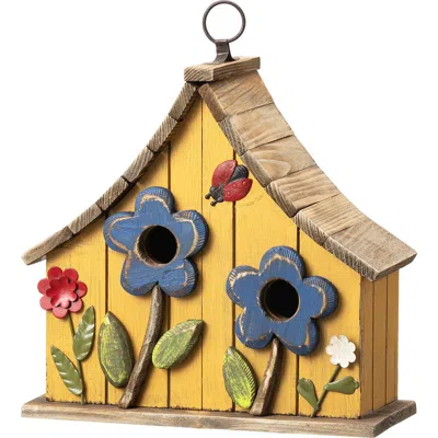 Glitzhome Distressed Solid Wood Birdhouse With 3d Flowers In Yellow