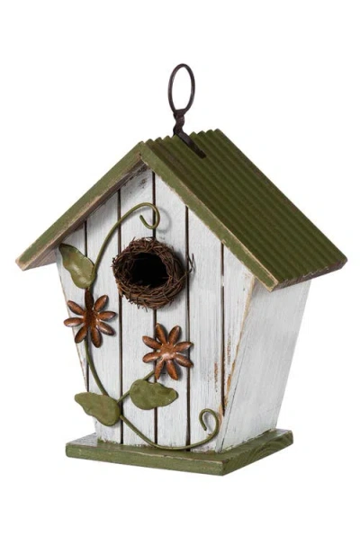 Glitzhome Distressed Solid Wood Decorative Outdoor Garden Birdhouse With 3d Flower Or Maple In Green