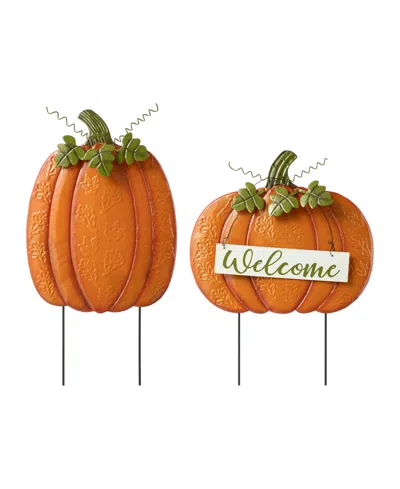 Glitzhome Fall Metal Embossed Glitter Pumpkin Yard Stake Or Porch Decor, Set Of 2 In Multi
