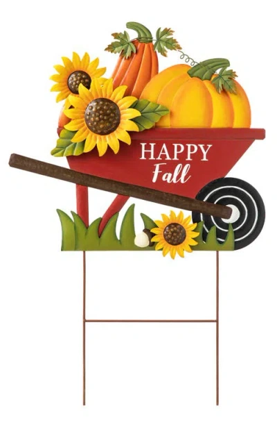 Glitzhome Fall Metal Wheel Barrow Pumpkin Yard Stake In Multi