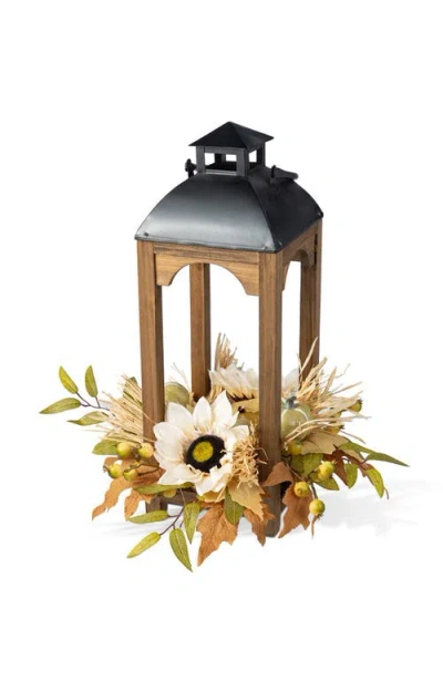 Glitzhome Fall Neutral Sunflower Pumpkin And Leaf Wood Lantern Centerpiece In Multi