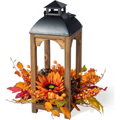 Glitzhome Fall Sunflower Pinecone And Berry Wood Lantern Centerpiece In Multi