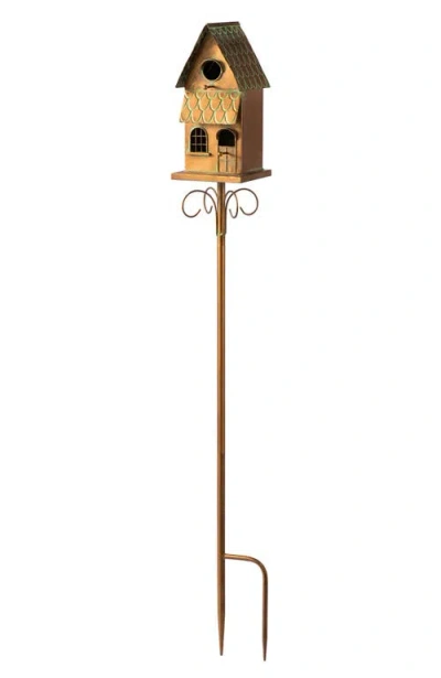 Glitzhome Farmhouse Faux Copper 2-tiered Metal Decorative Garden Birdhouse With Stake In Brown