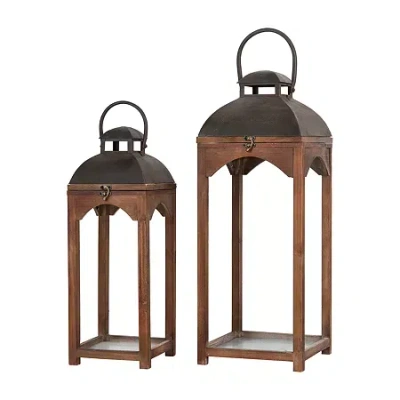 Glitzhome Farmhouse Modern Wood Metal 2-pc. Decorative Lantern In Brown