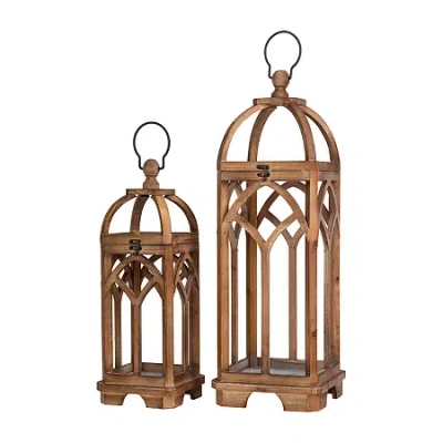 Glitzhome Farmhouse Wooden Church Window Frame 2-pc. Decorative Lantern In Brown