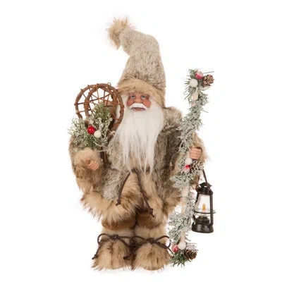 Glitzhome Faux Fur Figurine Santa Standing In Cream
