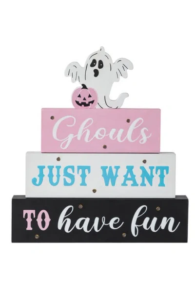 Glitzhome Halloween Lighted Pink Wooden Ghost Block Word Sign