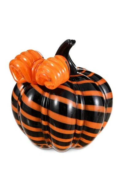 Glitzhome Halloween Striped Glass Pumpkin With Bow In Black