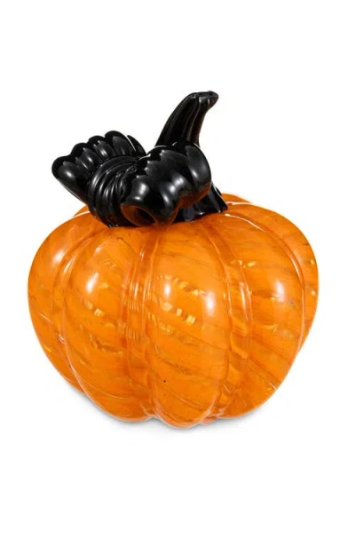Glitzhome Halloween Striped Glass Pumpkin With Bow In Orange