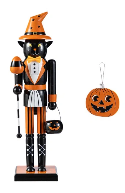 Glitzhome Halloween Wooden Black Cat Nutcracker With Pumpkin Ornament