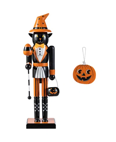 Glitzhome Halloween Wooden Black Cat Nutcracker With Pumpkin Ornament, Set Of 2 In Multi