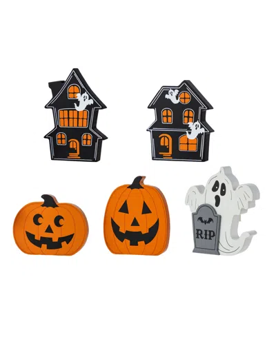 Glitzhome Halloween Wooden Haunted House And Pumpkin Ghost Table Block, Set Of 5 In Multi