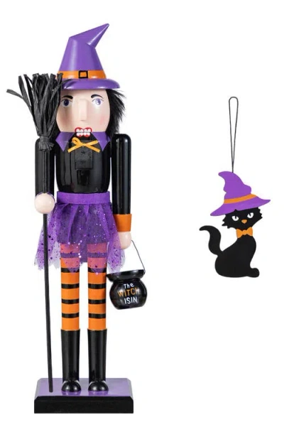 Glitzhome Halloween Wooden Witch Nutcracker With Witch Cat Ornament In Purple