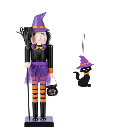 Glitzhome Halloween Wooden Witch Nutcracker With Witch Cat Ornament, Set Of 2 In Multi