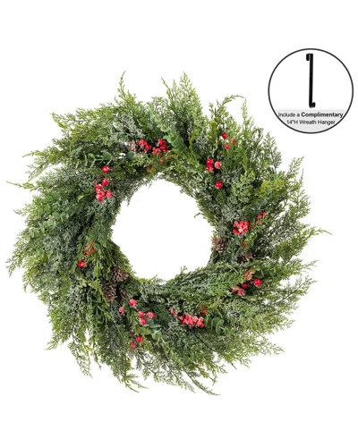 Glitzhome Handmade Christmas Greenery Frosted Dripping Wreath With Pinecones &  Red Berries