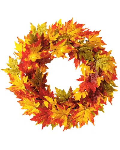 Glitzhome Handmade Fall Lighted Maple Leaves Wreath With Timer In Orange