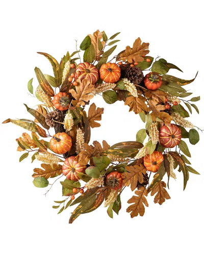 Glitzhome Handmade Fall Pumpkin Leaf Floral Wreath In Orange
