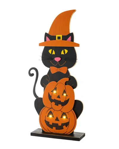 Glitzhome Handmade Halloween Wooden Lighted Witch Cat Porch Decor With Timer In Multi