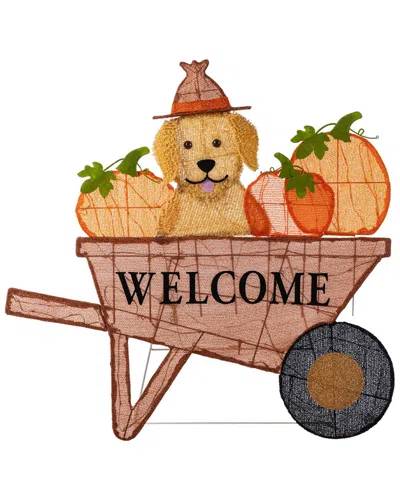 Glitzhome Handmade Lighted Fall Pumpkin Wheel Barrow With Labrador Outdoor Decor In Orange