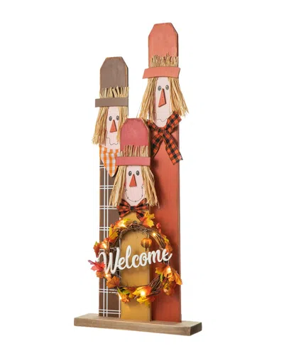 Glitzhome Handmade Lighted Wooden Scarecrow Family Porch Decor With Wreath & Timer In Multi