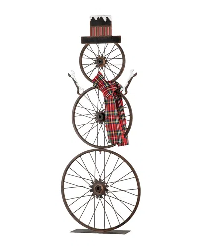 Glitzhome Handmade Metal Bike Wheel Snowman With Plaid Scarf Porch Decor In Multi